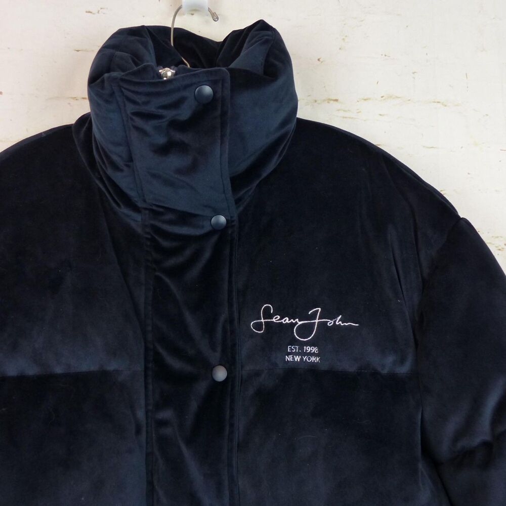 Sean John X Missguided Puffer Jacket Womens 2 US Navy Blue Velour Oversized Y2K - Picture 8 of 16